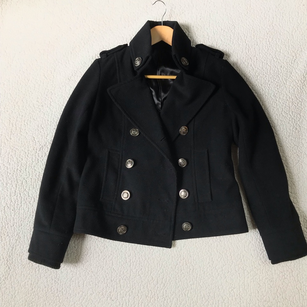 Women's Double-Breasted Crop Black Peacoat Jacket